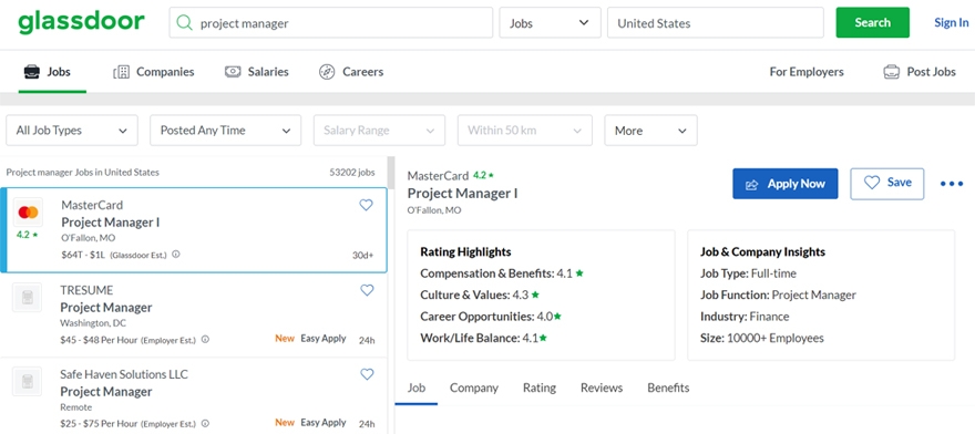 glassdoor project manager jobs